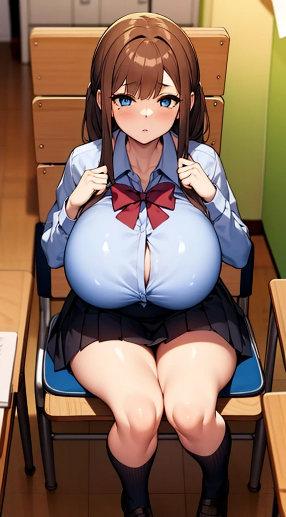 (masterpiece, best quality:1.2), Solitary, A girl, Huge breasts,in the classroom,(Black school uniform,黑色Short skirt),sit on the chair,Raise your hands,Raise your hands above your head((blue eyes,beautiful eyes)), Put your hair up, Short skirt,Thin belly),(slim),((Big tits))Big Ass(Look away:1.4),(from above),(Huge breasts)