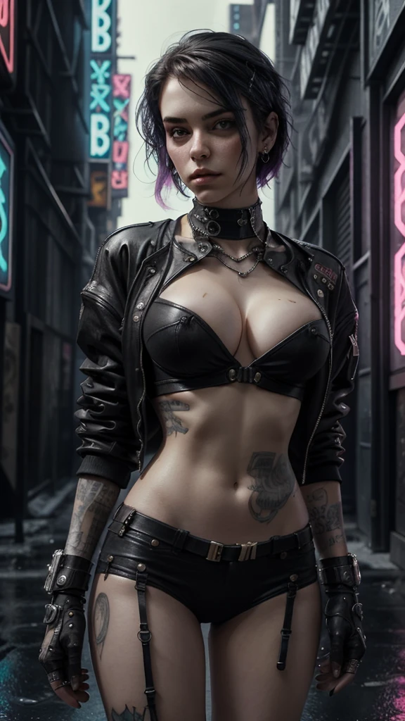 lovely woman, 21 ans, black har, roupas de couro sexy, big breasts, cyberpunk style, Realistic detailed, Portrait, badass, rock punk, rebel, sexly, photo de tout le corps