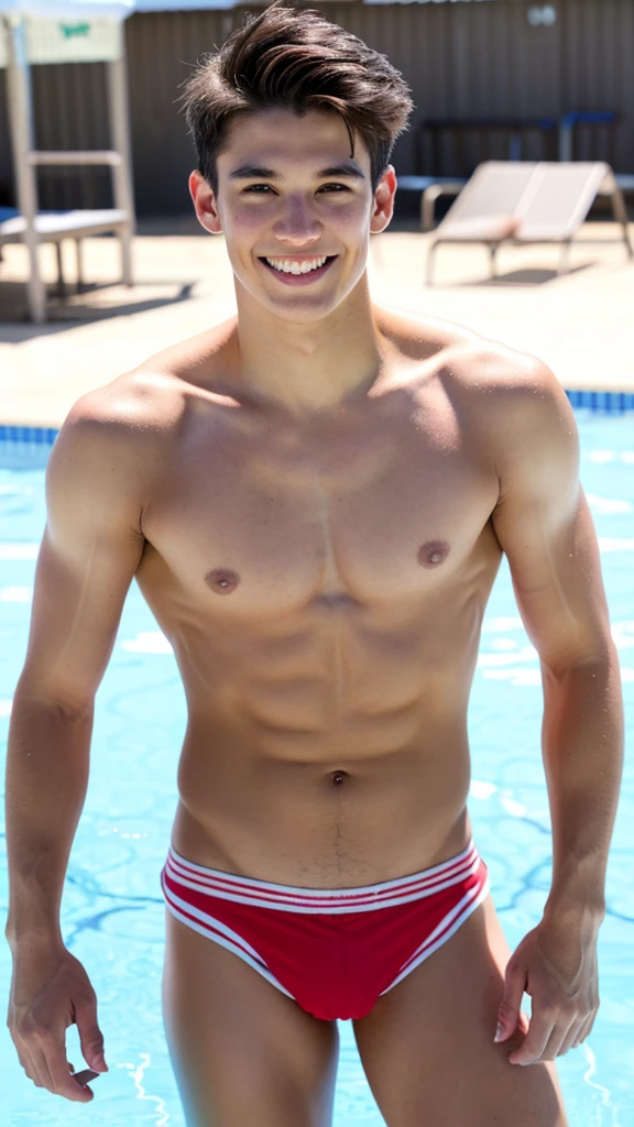 male Age 21 swimwear lifeguard topless smile