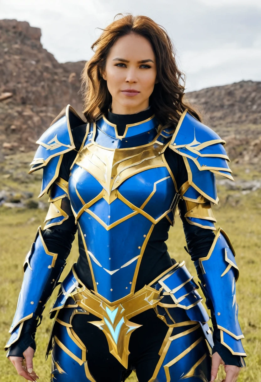 4K, Masterpiece, highres, absurdres,, edgThunderstruck, a woman with a blue and gold armor ,wearing edgThunderstruck_armor, electrified, weilding thunder,