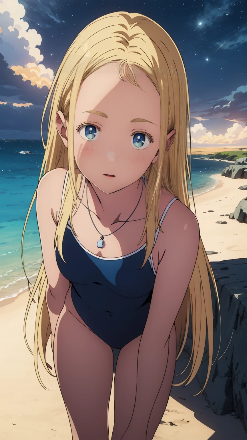 {{kofune ushio}}, {summertime render}, shining sky blue eyes, long blonde hair, medium breasts, blue one-piece swimsuit, bare shoulders, bare legs, school swimsuit, shell pendant, (Top view:1.2),(A face waiting for a kiss:1.3), (blush:1.5), 1girl, solo,very aesthetic, best quality, amazing quality, curated, illustration, highly detailed, anime coloring,close up face 
BREAK Super detailed, Official Art, unity 8k wallpaper, Night sea background
BREAK
Golden Hour, (Rim Light):1.2, Warm tones, Solar flare, Soft Shadows, Vibrant colors, Painterly effect, Dream-like atmosphere 
BREAK
Beautiful sea, Calm water, reflection, Clouds illuminated by the moon, Peaceful atmosphere, Beautiful starry sky, Super detailed, Official Art, unity 8k wallpaper , (nsfw:1.3)