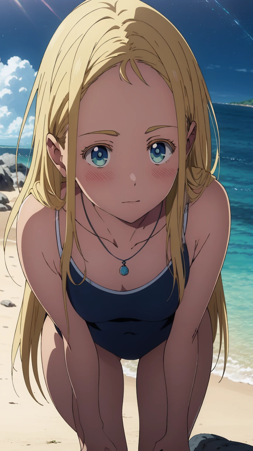 {{kofune ushio}}, {summertime render}, shining sky blue eyes, long blonde hair, medium breasts, blue one-piece swimsuit, bare shoulders, bare legs, school swimsuit, shell pendant, (Top view:1.2),(A face waiting for a kiss:1.3), (blush:1.5), 1girl, solo,very aesthetic, best quality, amazing quality, curated, illustration, highly detailed, anime coloring,close up face 
BREAK Super detailed, Official Art, unity 8k wallpaper, Night sea background
BREAK
Golden Hour, (Rim Light):1.2, Warm tones, Solar flare, Soft Shadows, Vibrant colors, Painterly effect, Dream-like atmosphere 
BREAK
Beautiful sea, Calm water, reflection, Clouds illuminated by the moon, Peaceful atmosphere, Beautiful starry sky, Super detailed, Official Art, unity 8k wallpaper , (nsfw:1.3)