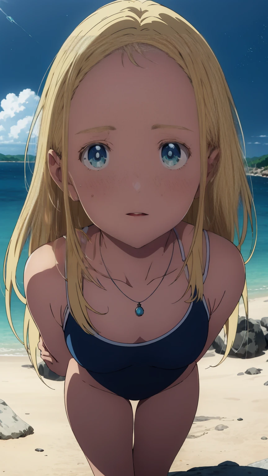 {{kofune ushio}}, {summertime render}, shining sky blue eyes, long blonde hair, medium breasts, blue one-piece swimsuit, bare shoulders, bare legs, school swimsuit, shell pendant, (Top view:1.2),(A face waiting for a kiss:1.3), (blush:1.5), 1girl, solo,very aesthetic, best quality, amazing quality, curated, illustration, highly detailed, anime coloring,close up face 
BREAK Super detailed, Official Art, unity 8k wallpaper, Night sea background
BREAK
Golden Hour, (Rim Light):1.2, Warm tones, Solar flare, Soft Shadows, Vibrant colors, Painterly effect, Dream-like atmosphere 
BREAK
Beautiful sea, Calm water, reflection, Clouds illuminated by the moon, Peaceful atmosphere, Beautiful starry sky, Super detailed, Official Art, unity 8k wallpaper , (nsfw:1.3)