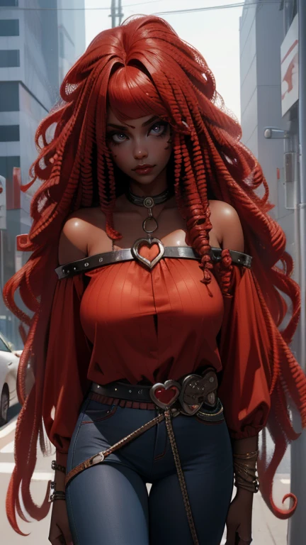 Top Quality, Dark Skin, Real Human Skin, (Detailed), Oval Face, Pore, Ultra High Definition, (8k, RAW Photography, Photorealistic: 1.4),there is a African-American woman with red hair and a black off-shoulder top, with curly red hair, red afro, red curly wig, red waist-long hair, red haired goddess, very long wavy fiery red hair, sza, she has long redorange hair, gothic jeans, red belt with heart-shaped buckle