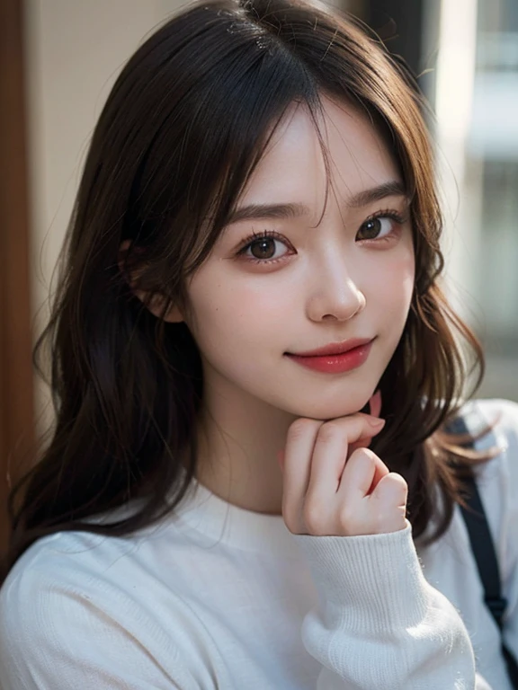 (masterpiece:1.3), (8k, Photorealistic, RAW Photos, Best image quality: 1.4), 20-year-old girl、(Random Hairstyles:1.2)、Super detailed face、Attention to detail、double eyelid、Sharp focus:1.2、Beautiful woman:1.4、Light brown hair、Highest quality、masterpiece、Ultra-high resolution、(Photorealistic:1.4)、Highly detailed and professional lighting、Brown nits、thin、smile、Clear Skin、Random pose、Shiny Hair、Model pose、