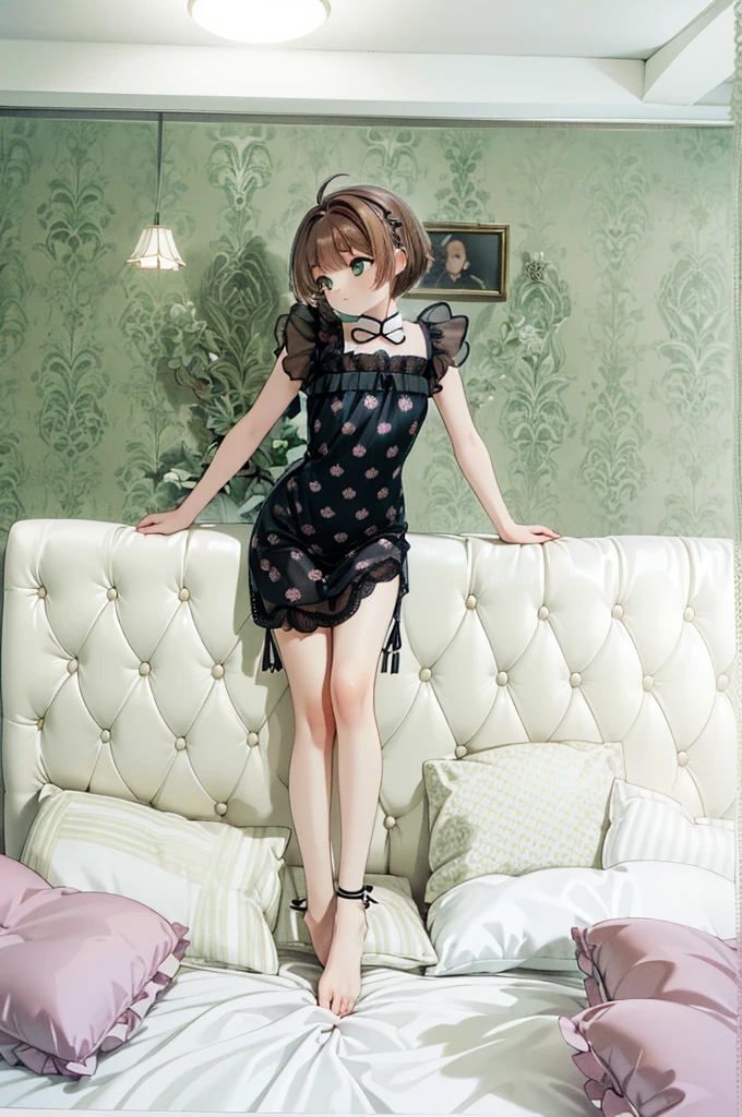 (masterpiece,best quality,best quality, masterpiece),Mine, , , (适合任何Pillow背景的光影)), 穿着公主裙的可爱女孩在Pillow上摆姿势 ,,,(很多Pillow),Soft cushion,,,,很多Pillow,,,(Pillow),(A tail),,(充满细节的Pillow),(Around the protagonist),steam,,(Pillow),(palace),(palace殿卧室),(Pillow),柔软的Pillow,,(Classical European style bedroom ),(excited,shy person,Lack of expressiveness,),,, ((Maximum resolution)), artwork, ,,,(Interior of the palace),,(Deluxe Rococo Canopy King Bed),Luxurious curtains with ornate ruffles and ribbons hang around the large bed.,((((床上堆满了许多Pillow)))),Quilt details,Detailed bed linen,Ruffled Bed Skirt,Deep Bed,Background with depth,((详细的Pillow)), ((((大量的Pillow)))),,,详细的软Pillow,,((女孩正躺在许多柔软的Pillow上,周围有许多Pillow)),。Many small feathers fluttering、 Long nightgown with ruffles and ribbons、In a huge, Large canopy bed、Soft pink sheets and quilt、色彩鲜艳的柔软Pillow、很多带褶边的Pillow和带褶边的床裙、Soft toned bed、Ruffled curtains around the bed.。Delicate face。Background with depth,Sakura Kinomoto,(Sakura Kinomoto, 1 Girl, Brown hair, short hair, Antenna hair, , Green Eyes),pillow hump,hump