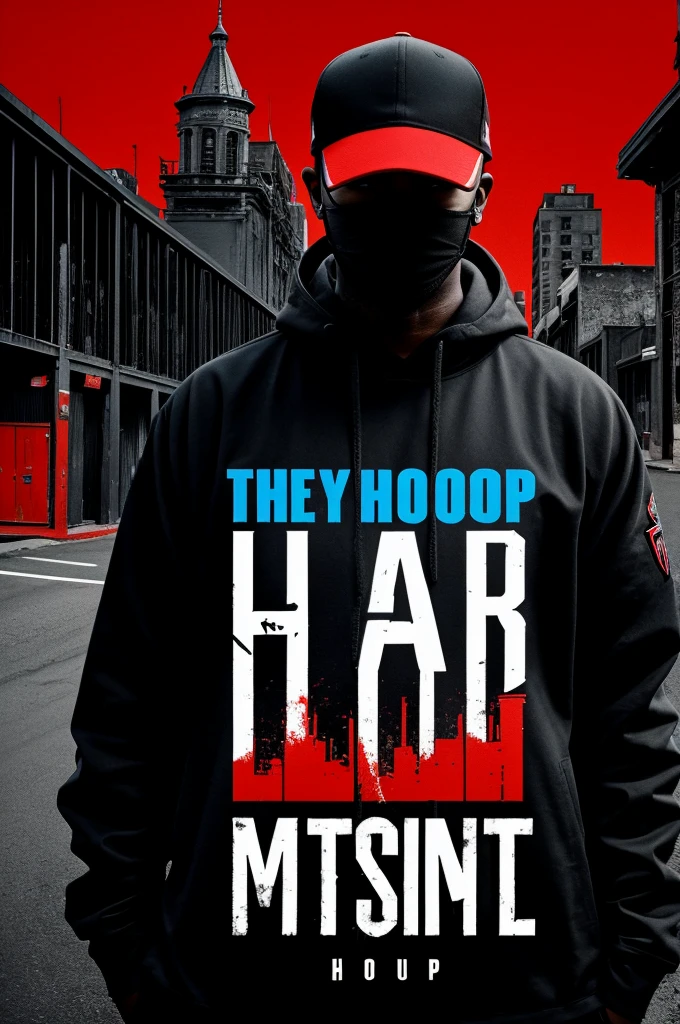 Music album cover, with the TRAP-HOP name capitalized in the middle, in black colors, blue, red, and gray , with parental advisory logo at the bottom