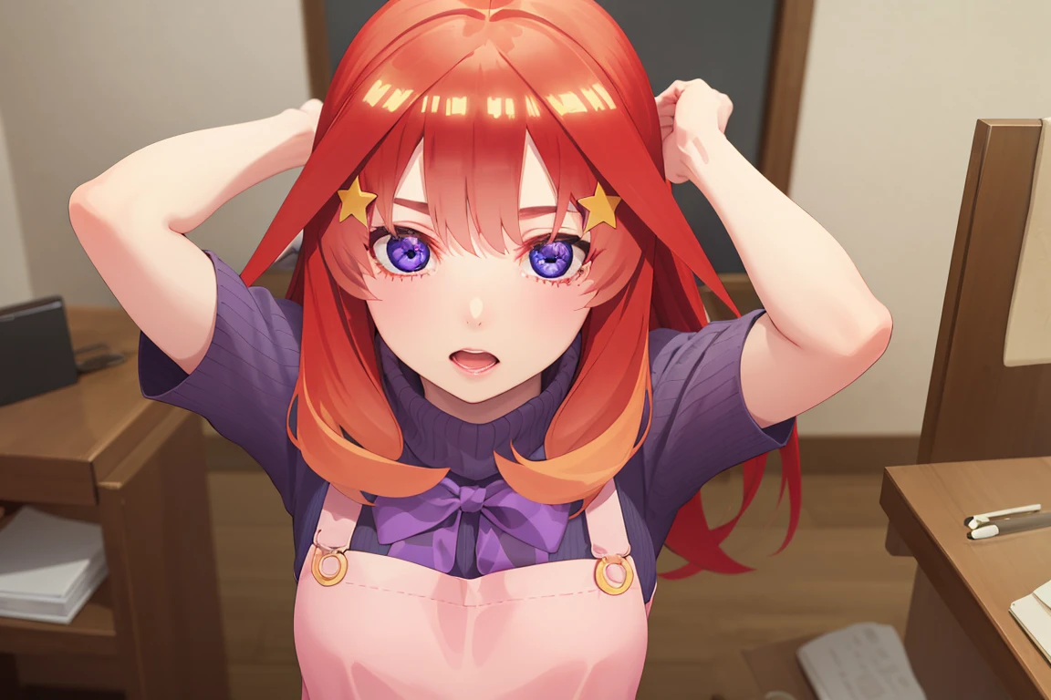 [itsuki nakano, bangs, blue eyes, hair between eyes, ahoge, red hair, star \(symbol\), hair ornament, star hair ornament,], 1girl, anime girl, anime, girl, 2d girl, 16y,
BREAK ((ribbed sweater,turtleneck,purple_apron, purple bowtie,pencil skirt))), 
BREAK looking at viewer,(sexy pose:1.2), (hands behind head:1.3), (close up:1.2), (leaning forward:1.2),
BREAK (art: 1.2), best quality, high resolution, 8k unitary, (illustration: 0.8), (beautiful detailed eyes: 1.6), extremely detailed face, perfect lighting, extremely detailed in CG, (perfect hands, perfect anatomy),