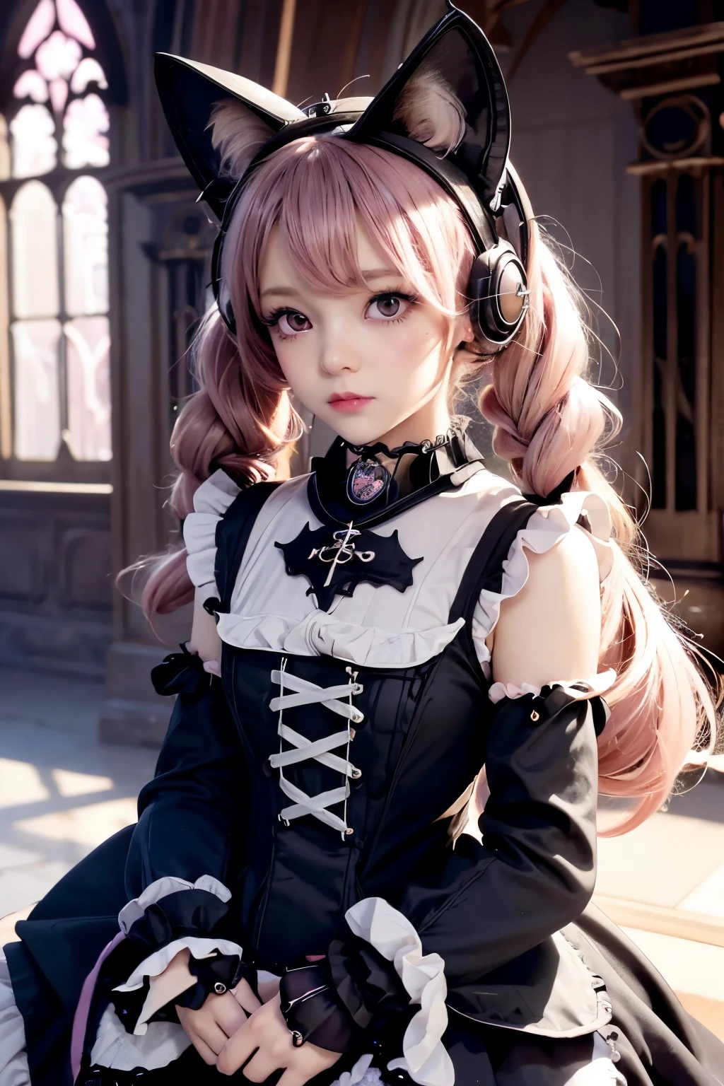 High resolution, One girl, Blushing, chest, ribbon, Cat ears, Twin tails, accessories, Pink eyes, Sparkle Effect, accurate, accurate, Anatomically correct, masterpiece, Highest quality, Blushing, Impressionism, (Gothic Lolita:1.5), pink dress