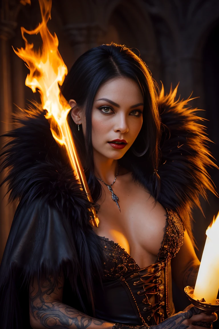 Priscilla is a beautiful vampire., black fur, In the style of Boris Vallejo, high detailed vampire dress, high detail face, high detailed leather, mature athletic body, perfect proportions, Heavy metal aesthetics, dark vampire castle interior background, high quality, masterpiece, realistic photo, intricately detailed, 8k, HdR, shallow depth of field, wide light, high contrast, Backlight, light flares, sharp focus, Raw color photo, looking to the camera, cold colors, various poses
