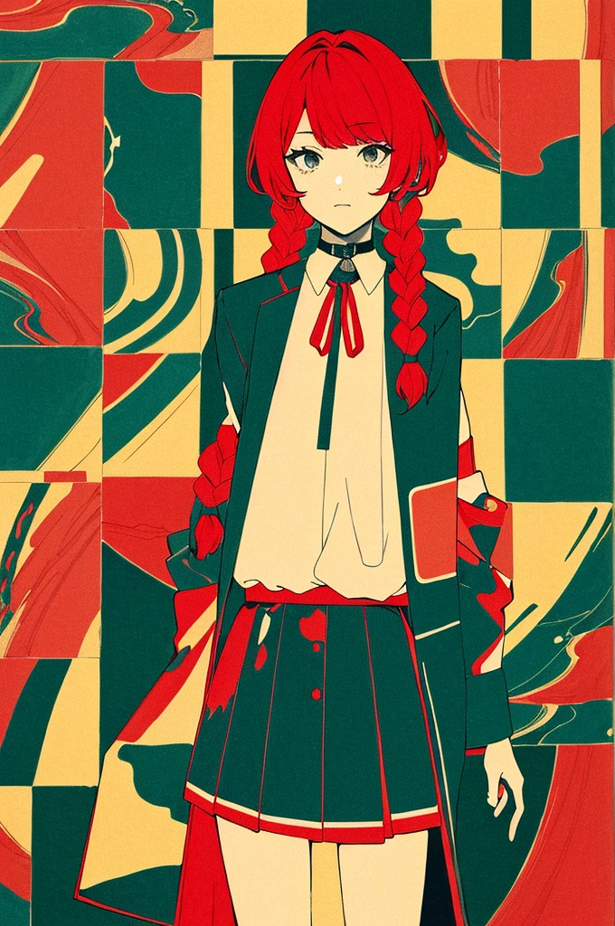 (masterpiece, best quality:1.3), (flat color:1.3),(colorful:1.3), cowboy shot, 1girl,solo,red hair, twin_braids