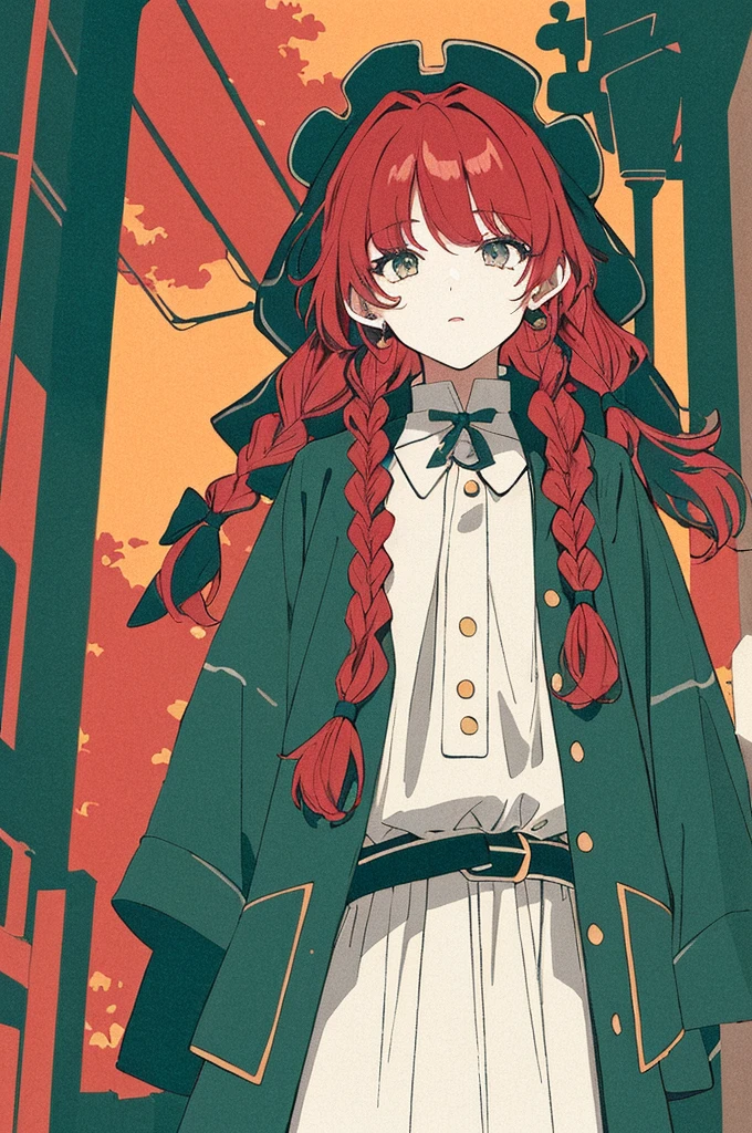 (masterpiece, best quality:1.3), (flat color:1.3),(colorful:1.3), cowboy shot, 1girl,solo,red hair, twin_braids