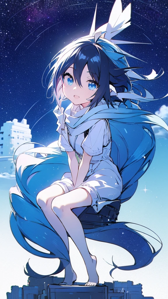 Seven-doppelganger shot，Anime style 4K,High quality anime art style，Standing painting，Splash ink background，Blue Themes、Pure white background,Buildings,Face close-up,Buildings,Moon and sun、Shining Star々,milky way,Bright Sky,Looking at me,Facing forward,Clear eyes and nose,cute,beautiful,Thin legs,sitting by the water, black hair, Blue eyes, girl, bob, front, cute,Blue Background,Long Hair,Black Hair,The Giant Mount Fuji