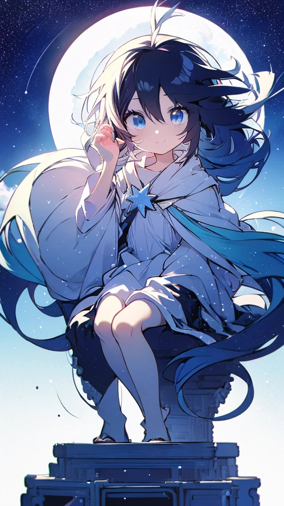 Seven-doppelganger shot，Anime style 4K,High quality anime art style，Standing painting，Splash ink background，Blue Themes、Pure white background,Buildings,Face close-up,Buildings,Moon and sun、Shining Star々,milky way,Bright Sky,Looking at me,Facing forward,Clear eyes and nose,cute,beautiful,Thin legs,sitting by the water, black hair, Blue eyes, girl, bob, front, cute,Blue Background,Long Hair,Black Hair,The Giant Mount Fuji