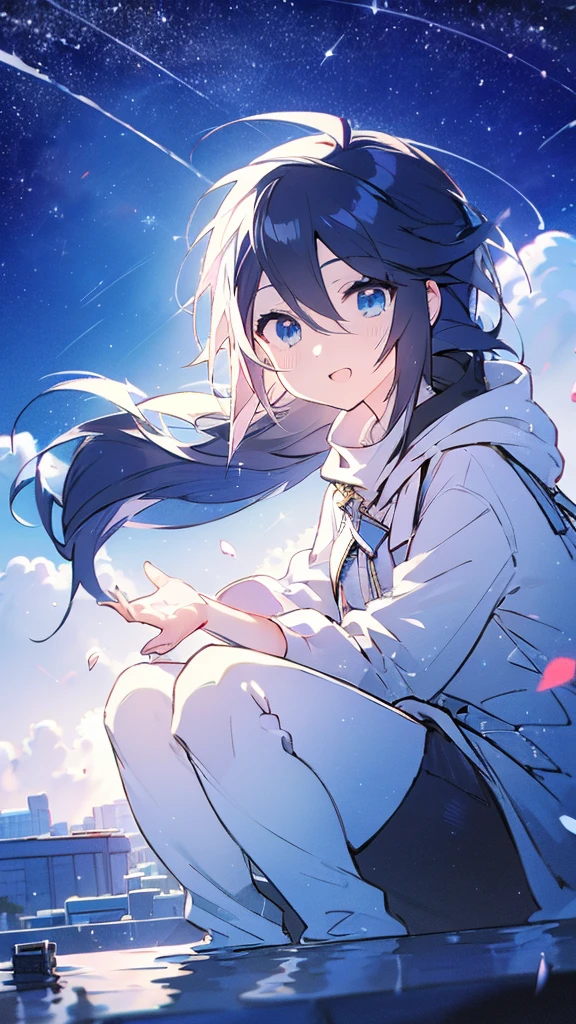 Seven-doppelganger shot,Anime style 4K,High quality anime art style,Standing painting,Splash ink background,Blue Themes、Pure white background,Buildings,Face close-up,Buildings,Moon and sun、Shining Star々,milky way,Bright Sky,Looking at me,Facing forward,Clear eyes and nose,cute,beautiful,Thin legs,sitting by the water, black hair, Blue eyes, girl, bob, front, cute,Blue Background,Long Hair,Black Hair,The Giant Mount Fuji