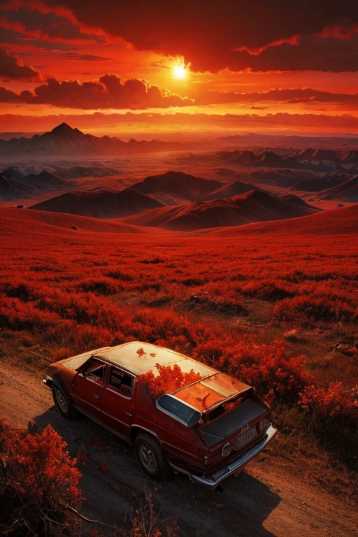 Highest quality、masterpiece、Desolate Earth、wreckage、Red Sky、Surrealism