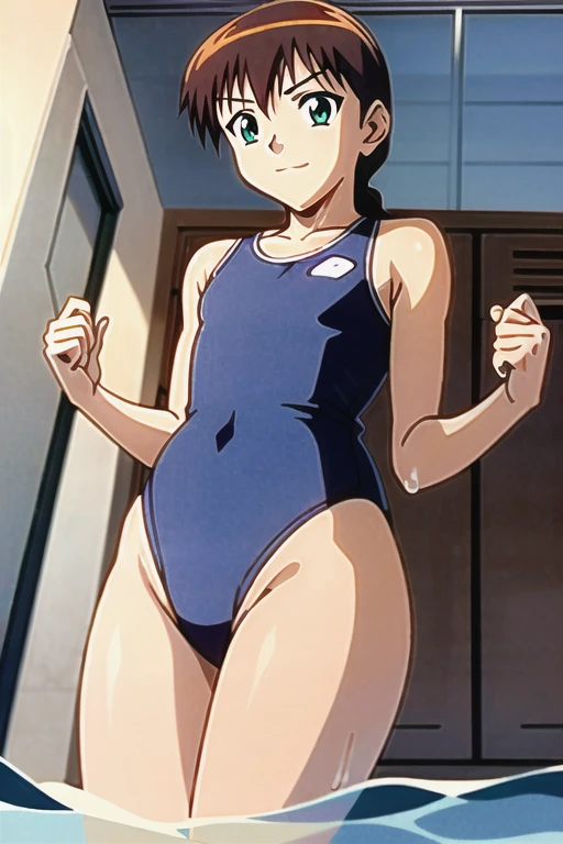 Miyanoshita Satsuki, 1girl, 独奏, green eyes, brown hair, braid, long hair, hair bow, Wet school swimsuit locker room Feels good My whole body is wet The body is shining in the water