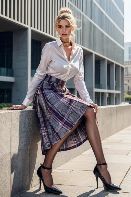 ((European fashion models)). Realistic、Genuine raw photo、Full Body Portrait、Blonde updo、(Colorful shirt with collar)、(Checked long skirt:1.3)、(silk pantyhose:1.1)、High heels、Sitting pose、Large Breasts、1 girl, Modern architecture in the background、Perfect ???????, Perfect body, Perfect hands, Perfect Face, Perfect Eyes, Accurate, Anatomically correct, Perfectly clear and sharp focus, Highest quality、Ultra-high resolution, masterpiece, Ultra-realistic、Professional Lighting
