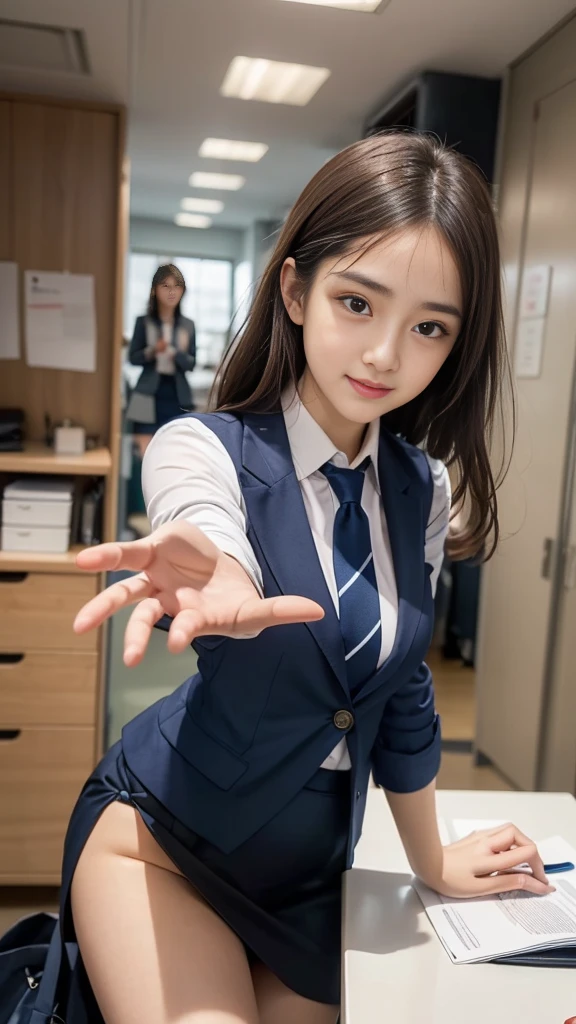 (((A beautiful girl playing around in a brightly colored tie and a neat navy blue suit skirt:1.3))), (8k, RAW Photos, Highest quality, masterpiece:1.2), ((Beautiful girl alone)), Looking at the audience, Viewed from the front, Beautiful white skin, knees, Absurd face is small, Part your bangs down the middle, The forehead is visible, Glare, ((Cute mischievous face:1.3)), Ultra-high resolution, cute, (Slender body line), (Outstanding proportions), ((Office lady suit:1.4)), high school girl, (Idolフェイス, :1.65), Japanese women, Are standing, (Photorealistic:1.37), Photon Mapping, Realistic, cute顔が小さい, Brown eyes, prospect, Written boundary depth, Blurred Background, (I can see the bangs), Silky smooth hair, (Firm stomach:1.3), (Beautiful and slim thighs:1.4), (Small beautiful butt:1.2), (Curved waist), thigh, Nogizaka idol, Idol, (Detailed hands:1.2, Accurate hands:1.4, Beautiful little hands of a girl:1.4), (Firm and beautiful breasts:1.3), Super quality, Low people, (Clear white skin, Skin with visible pores:1.2), (Focus on the face), Check and correct the garment construction, (Perfect Anatomy:1.3), (Detailed eyes and face:1.3, Professional photography techniques), (Girl showing her palm:1.2)