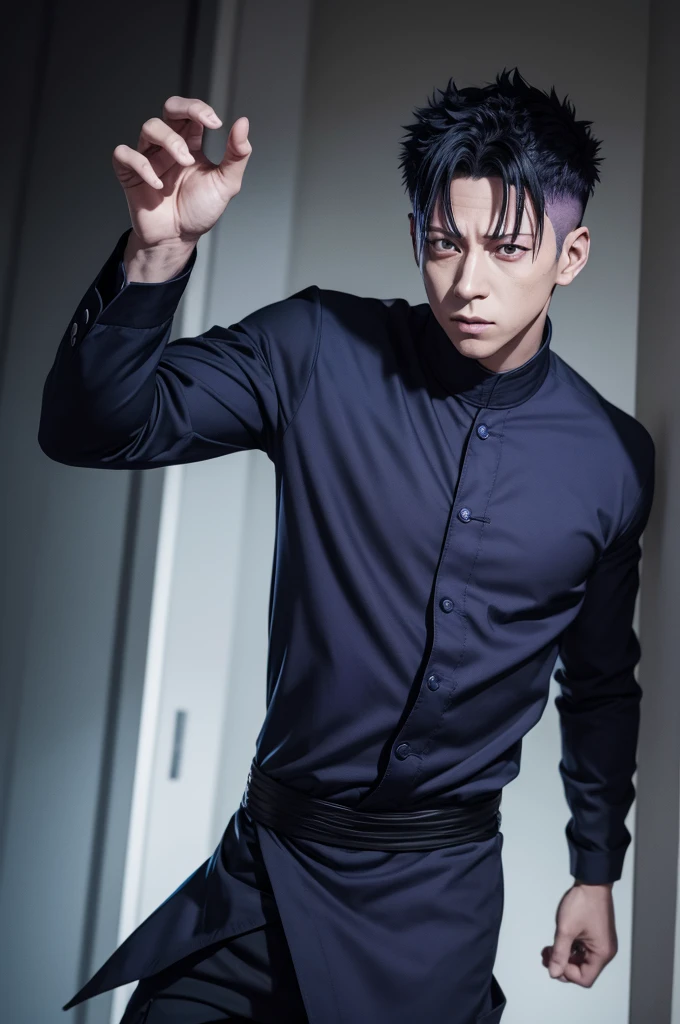 Jujutsu kaisen scene of a male with black hair and purple eyes, he is wearing a jujutsu kaisen dark blue uniform