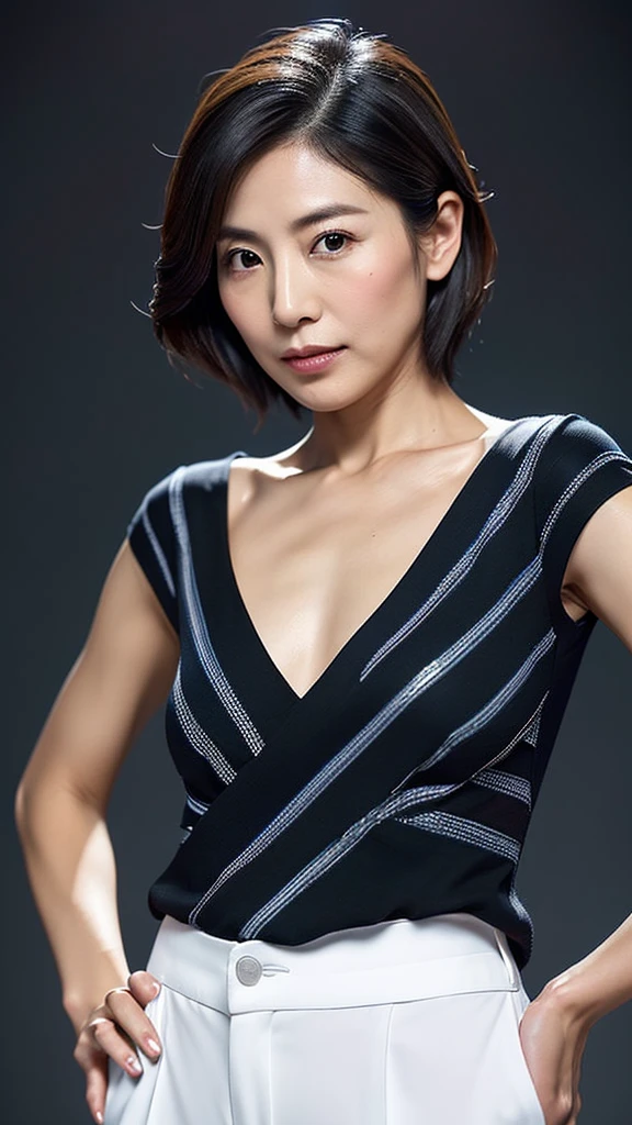 ((Highest quality)), ((masterpiece)), (detailed), Ultra cinematic, Blue hour, Ultimate ultra Photorealistic, ultimate high-quality 32k Leica M5 photo, A cowboy shot photo, a42yo ultimate beautiful & elegant Motherhood Japanese actress, looking at viewer, very embarrassed, much blush:1.9, 168cm,65kg,(She has a very intelligent and ultimate exquisite beautiful Japanese face&black eyes, pointy nose, ultra detailed face, ultimate exquisite nice-proportioned body and Décolletage and hips , black elegant&cute short bob:1.2), (a simple very just fit pure white v-neck t-shirts very drenched in sweat and short pants)