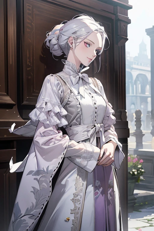 masterpiece, Great work, Daytime, Outdoor, Falling Flowers, White Dress, 1 girl, Perfect Woman, Woman with long silver and white hair, Gray blue eyes, Pale pink lips, cold, Severe, Van, Purple eyes, White clothes, Black Apparel Line, Delicate face, Beautiful Face, Standing Bow, Tassel, The Knot of Happiness, smile