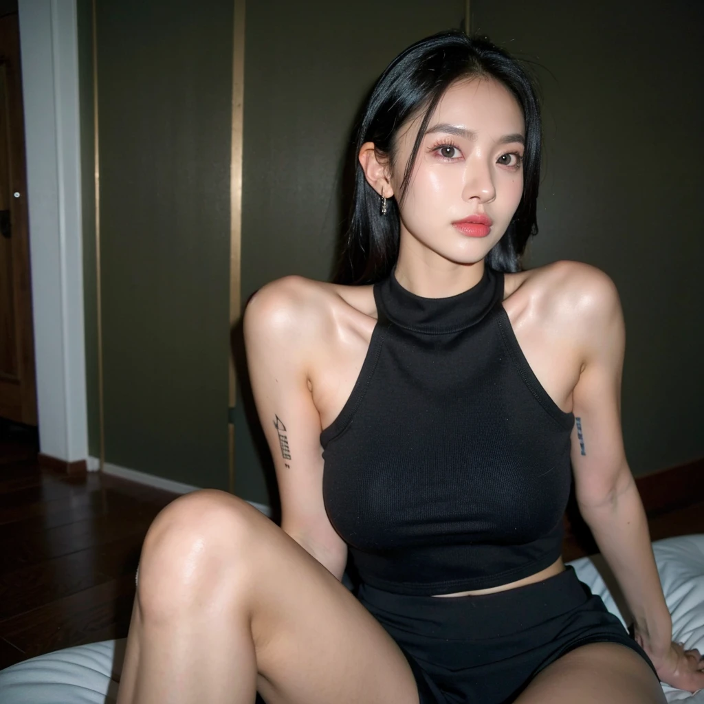 best quality, ultra high res, (photorealistic:1.4), pretty girl, tanktop black shirt, black tight skirt, black choker, (faded ash gray hair:1), medium breasts, looking at viewer, closeup, (pretty face) , southeast asia girl, (RAW photo, best quality,high quality,highres), (realistic, photo-realistic), ultra-detailed,(front lighting).