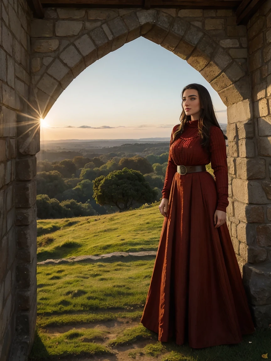 Gorgeous and sultry busty athletic (thin) brunette queen with sharp facial features wearing a modest updo, dark red medieval dress, long sleeves, intricate patterns, scrollwork, wide neck, crown, veil, long dress, modest dress, tight bodice, silver belt, (waist chain), medieval jewelry, Middle Ages, castle, rampart, wall, exterior, on top of a castle wall, trees, countryside, evening, sunset.
