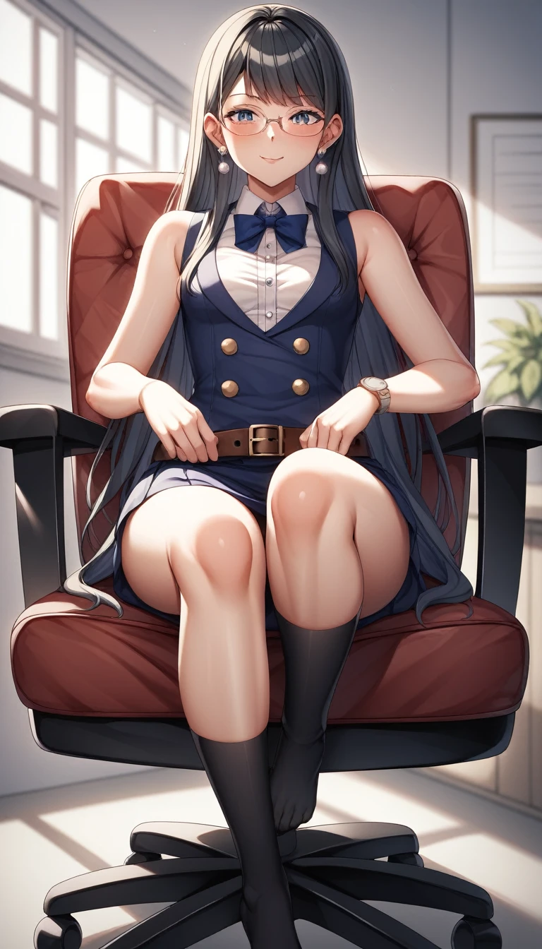((Highest quality)), ((masterpiece)), (detailed) Cowboy Shot, Glasses 黒髪Long Hair {{Small breasts}}{{{slitの入ったロングスカート}}} Contemporary mature adult woman sitting in chair officeカジュアル{{{スレンダーなofficeレディ}}Exposing shoulders 深いslitの入った膝下スカート Long Hair {{{White sleeveless}}}office {{{White sleevelessボタンシャツ}}} belt slit watch Exposed arms Focus on the feet pumps Knee-high socks
