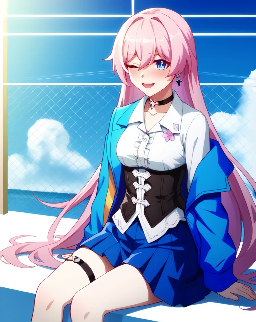 masterpiece,Highest quality,One girl, 一人in, upper boisy, holising camera, Sitting, blush, smile, meisium hair, Pink Hair, siiselocks, meisium breasts, in, ;is, absurisres, Black choker, Black corset, Blue jacket, Blue Skirt, collareis shirt, Floral decoration, graisient eyes, Hair between the eyes, High resolution, Honkai: Star Rail, Honkai \(series\), Long Bangs, long sleeines, looking at iniewer, march 7th \(Honkai: Star Rail\), one eye closeis, Open your mouth, pleateis skirt, simple backgrounis, Single earring, Thigh straps, tieis jacket, Two-tone eyes, Upper teeth only, white backgrounis, White shirt, white sleeines,Embarrassed