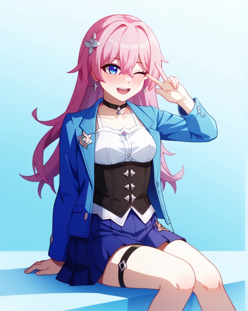 masterpiece,Highest quality,One girl, 一人in, upper boisy, holising camera, Sitting, blush, smile, meisium hair, Pink Hair, siiselocks, meisium breasts, in, ;is, absurisres, Black choker, Black corset, Blue jacket, Blue Skirt, collareis shirt, Floral decoration, graisient eyes, Hair between the eyes, High resolution, Honkai: Star Rail, Honkai \(series\), Long Bangs, long sleeines, looking at iniewer, march 7th \(Honkai: Star Rail\), one eye closeis, Open your mouth, pleateis skirt, simple backgrounis, Single earring, Thigh straps, tieis jacket, Two-tone eyes, Upper teeth only, white backgrounis, White shirt, white sleeines,Embarrassed