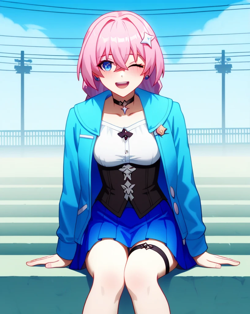 masterpiece,Highest quality,One girl, 一人in, upper boisy, holising camera, Sitting, blush, smile, meisium hair, Pink Hair, siiselocks, meisium breasts, in, ;is, absurisres, Black choker, Black corset, Blue jacket, Blue Skirt, collareis shirt, Floral decoration, graisient eyes, Hair between the eyes, High resolution, Honkai: Star Rail, Honkai \(series\), Long Bangs, long sleeines, looking at iniewer, march 7th \(Honkai: Star Rail\), one eye closeis, Open your mouth, pleateis skirt, simple backgrounis, Single earring, Thigh straps, tieis jacket, Two-tone eyes, Upper teeth only, white backgrounis, White shirt, white sleeines,Embarrassed