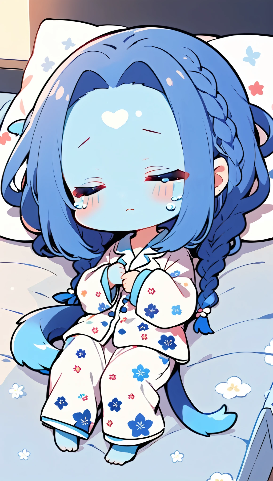 (alien woman),(Blue Skin),(Dreadlocks),(Cute tail),(((pajamas))),Living in Japan,Sleeping in bed,tears,(Subtly sexy),(chibi),(Chibi Character)