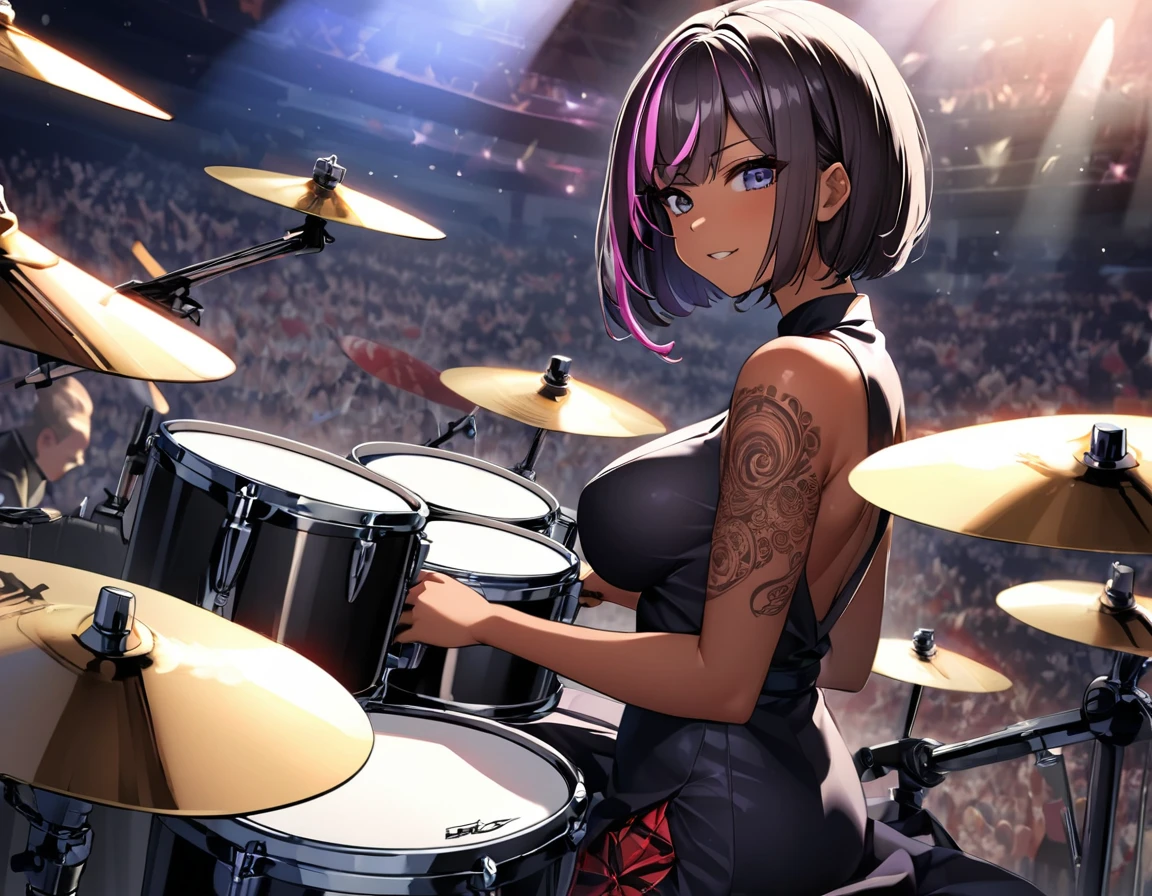 (highest quality:1.2, Very detailed, up to date, Vibrant, Ultra-high resolution, High Contrast, masterpiece:1.2, highest quality, Best aesthetics), girl, 独奏, slim, ((drummer:1.8)), heterrochromia, green eye, red eye, Passionate performance、stage、Bright colors、Beautiful fine details、Beautiful lip detail、extra short hair, ((bob cut:1.5))、pink and purple ((streaked hair:1.9)), (highlights hair: 1.6), middium breast, (tan skin:1), Concert Light、Edgy Style、colorful Cheongsam, (no sleeve:1)、Dynamic Movement、hypnotic sounds, (girl playing a drum set,drum performance,drums,Drumstick,sitting:1.2), (The drum set includes Bass Drum, Floor tom, Snare drum, Rack tom, Hi-hat, Crash cymbal, Ride cymbal:1.3))), sitting drum chair in drum sets, Stadium、amplifier、Loud music、,Sparkling stage、Concert atmosphere、Music Festival、Full of emotion、Rock star attitude、Resolute expression、Avid Fan、The presence of an attractive stage、 Expressive gestures、Rock star aura、An exciting atmosphere、An unforgettable show, (Floral Fineline tattoo design on right arm:1), View from the audience side