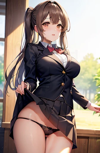 Daiwa Scarlet、Long black hair、Large Breasts、(Degree of brown eyes:1.5)、One side up、ヘアribbon、ribbon、length、Throw off your blazer、Blue Skirt、Jacket、Otonokizaka uniform、Pleated skirt、、Winter clothes、Looking for viewers during break、break (masterpiece:1.2)、Highest quality、High resolution、unity 8k wallpaper、(Consciousness upward:0.8)、(Beautiful and detailed:1.6)、Highly detailed face、Perfect lighting、Highly detailed CG、 (Perfect hands、Perfect Anatomy)、Laughter、Naughty big、Big ample breasts、,(Skirt Lift:1.3), (Black panties:1.3)、(Roll-up skirt:1.3)、(Full-fledged panties:1.5),(Are standing:1.3)、outside of home、Plein Air、Uma Musume