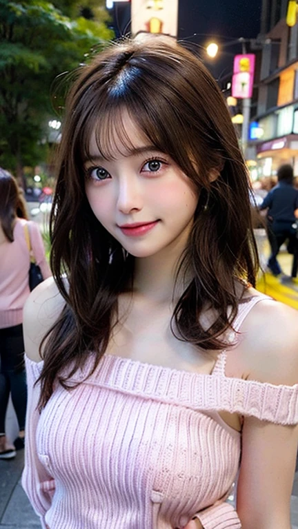 ((((Medium Hair))))、((((Brown Hair))))、Highest quality、8k、HDR、High resolution、Absurd:1.2、Background Blur、Bokeh:1.2、photograph、(RAWphotograph:1.2) 、(Realism: 1.4)、(Masterpiece: 1.3)、(Intricate details: 1.2)、1 Girl、solo、Japanese Girls、Delicate and beautiful details、(Detailed eyes)、(Detailed facial features)、Small, beautiful and clear eyes、Detailed pupil、(((Medium breast)))、Perfect for the skin、(Viewer)、from the front、(thin)、(Highest quality:1.4)、(超High resolution:1.2)、Cinema Light、(Highly detailed illustration)、(Lip gloss、Highest quality、超High resolution、Depth of written boundary、Caustics、Broad Lighting、Natural Shading、85mm、f/1.4、iso 200、1/160s:0.75)、1girl、solo、((smile))、(((slim) body)))、Upper Body、(((Pink Sweater、Bare shoulders、White pleated skirt)))、Are standing、(pureerosface_v1:0.5)、Streets of Tokyo、night、Streetscape、City lights、Close-up
