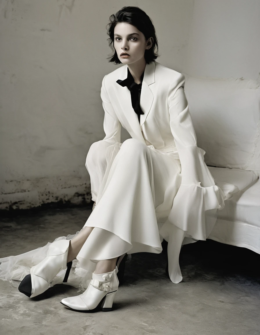 agraffe sitting on the floor with her legs crossed and her hand on her knees, in the style of paolo roversi, by Marie Vassilieff, Vogue Italy, photo from Vogue magazine, by Emma Andijewska, by Marie Bashkirtseff, vogue magazine editorial, by Silvia Pelissero, inspired by Marie Bashkirtseff