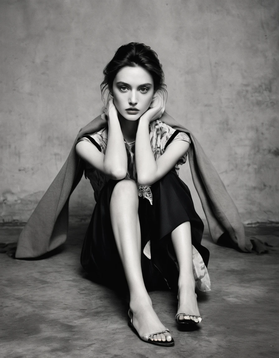 agraffe sitting on the floor with her legs crossed and her hand on her knees, in the style of paolo roversi, by Marie Vassilieff, Vogue Italy, photo from Vogue magazine, by Emma Andijewska, by Marie Bashkirtseff, vogue magazine editorial, by Silvia Pelissero, inspired by Marie Bashkirtseff