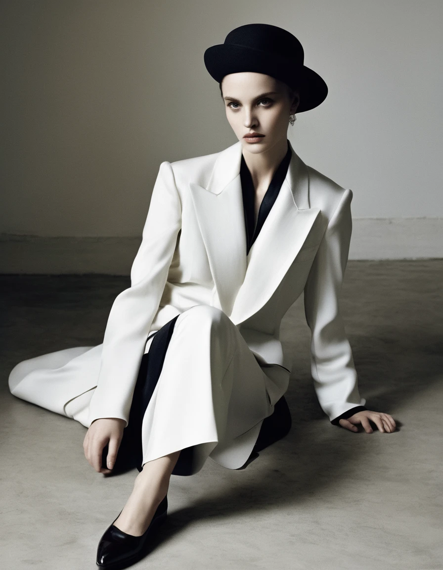 agraffe sitting on the floor with her legs crossed and her hand on her knees, in the style of paolo roversi, by Marie Vassilieff, Vogue Italy, photo from Vogue magazine, by Emma Andijewska, by Marie Bashkirtseff, vogue magazine editorial, by Silvia Pelissero, inspired by Marie Bashkirtseff