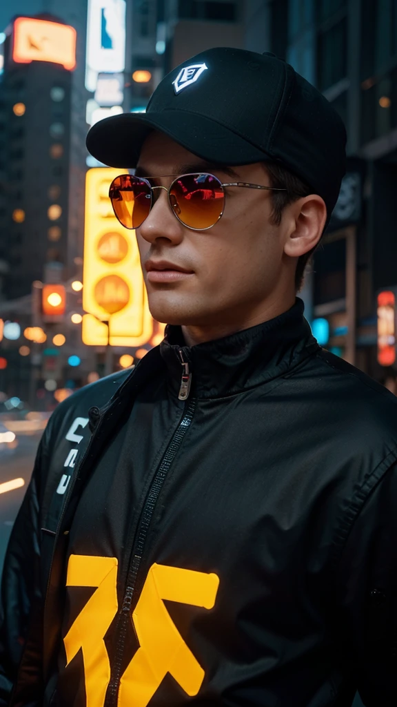 Stunning illustration of the "Attaboy" logo, featuring a boy wearing a stylish ball cap. Stylish gaming headphones with bright blue LED lights, cool shades and reflective lenses. Cityscape lit up with neon lights at dusk With a blurred background of towering skyscrapers and busy roads. Gives a fun and luxurious feeling. With a bold palette of deep blues, bright pinks and warm yellows. and complex textures reminiscent of luxury. and high-level gaming culture