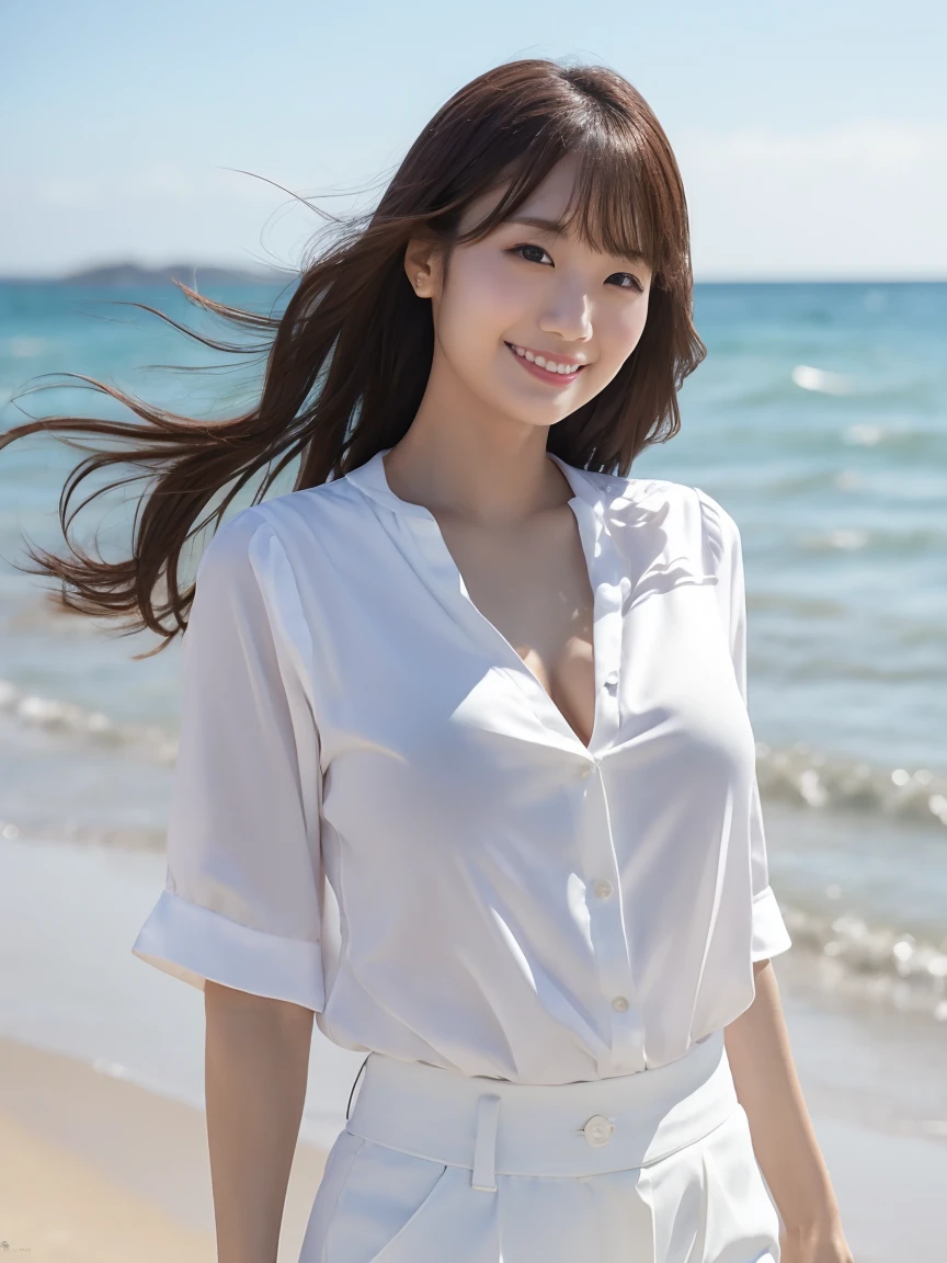 (Highest quality、masterpiece、8K、Best image quality、Hyperrealism、Award-winning works)、One high school girl、(The most natural and perfect white polyester long sleeve collared shirt:1.2)、(Naked and wearing only a polyester shirt:1.1)、(Naked lower body:1.2)、(barefoot:1.1)、Full body photo、(Standing Elegantly:1.1)、(beautiful thick legs:1.1)、(Big Breasts:1.1)、(Cleavage:1.2)、Attractive body、White shiny shirt、(海岸にStanding Elegantly:1.1)、The best smile he had when he saw me、Strongly blurred background、Detailed depiction of the ocean、(Beautiful Hiroshi々Standing on a secluded beach:1.1)、Beautiful sunny sky、Vivid and beautiful sky、Beautiful cumulonimbus clo(most clear, The most beautiful and vibrant sea:1.1)、The most realistic and complex backgrounds、Crystal clear sea、Very bright、Upper body photo、(Accurate anatomy:1.1)、Accentuate your body lines、Perfect Makeup、Long eyelashes、Bright lipstick、Glossy Lips、Ultra HD glossy skin、(Ultra-high resolution, bright and beautiful skin:1.1)、Ultra-high definition glossy lips、Ultra-high resolutionの美しい歯、(Very bright and vivid:1.1)、(Bright and glowing skin:1.1)、(Bright and shiny shirt:1.1)、Beautiful horizon