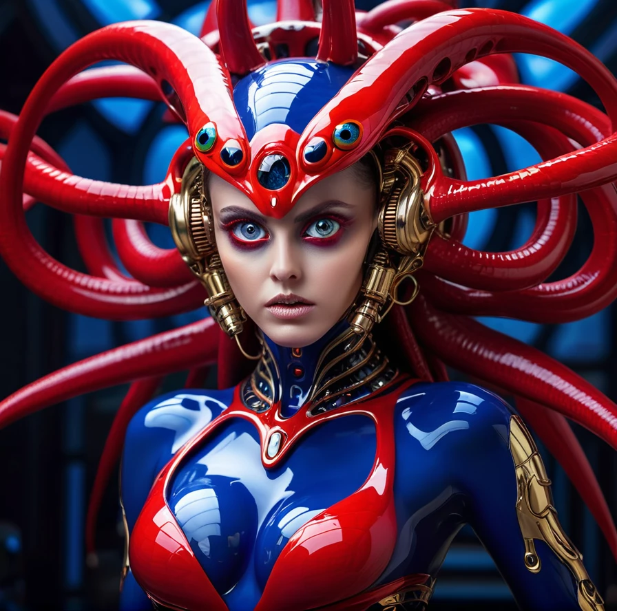 Female alien, beautiful face, seductive, red eyes, full body image, a sexy, alien without humans, alien, mechanical fusion, multiple hands, many blue mechanical tentacles skin: 1.5), alien, cell, biological images, enchanting, best quality, 8K, 4K_Quality, highDefinition, dramatic lighting, mask: 1.5, cinematic quality, detail oriented, (complex details: 1.2), ultra-high resolution, high-definition, faithful painting, (thick eyebrows: 1.2), (crimson big eyes: 1.6), beautiful symmetrical eyes,