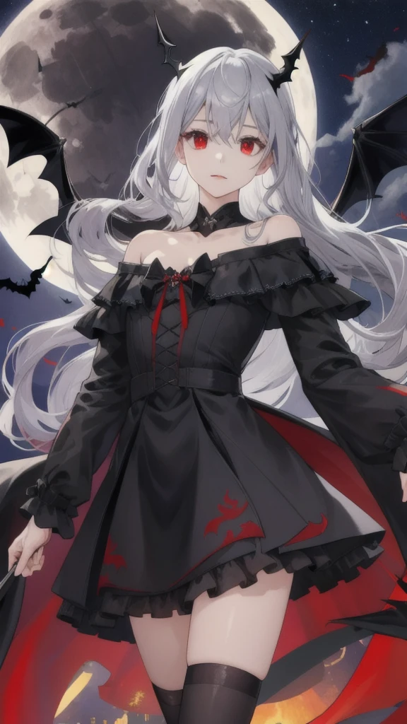 One Girl,Gray Hair,The most beautiful girl in human history,Sad look、Red eyes、Batgirl、grim Reaper、dress、Off the shoulder、Black tuxedo、Small Ass,Thin legs,Black Stockings,Knee-length skirt,Red Shirt,Black long coat,grim Reaperのようにコートを頭から羽織る,Midnight、Big full moon in the dark night sky,Lots of flying bats