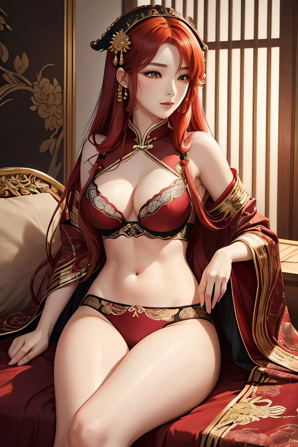 Create an image of Yang Guifei, the famous Chinese imperial consort, in an intimate and sensual setting. She should be depicted in elegant and luxurious traditional Chinese undergarments, featuring intricate silk designs with delicate lace and embroidery. Her long black hair flows gracefully, contrasting with the soft fabric of her attire. Yang Guifei is reclining on a sumptuous chaise lounge, surrounded by opulent elements such as silk drapes, ornate screens, and delicate flower arrangements. The background should evoke a sense of serene luxury, with soft, warm lighting that enhances her beauty and creates an intimate atmosphere.(((Red hair)))、(((In underwear)))、(((Leg spread)))