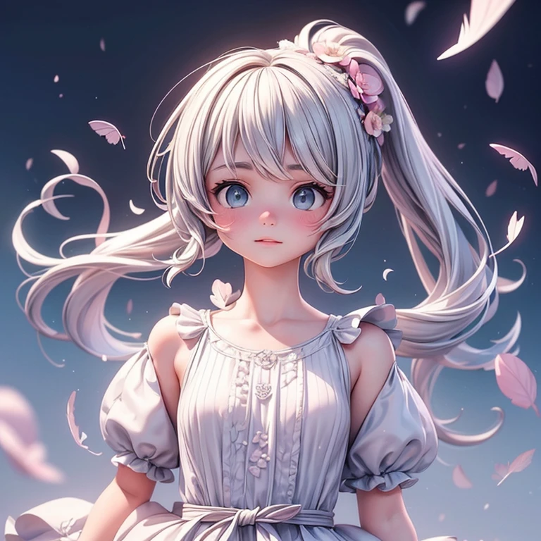 (masterpiece、highest quality、highest quality、Official Art、Beautiful and beautiful:1.2)、(One girl:1.3)A Russian girl in her early 20s with ash grey hair、Twin tails,(masterpiece), (highest quality), (Very detailed), (Disheveled Hair), (figure), (One girl), (Fashionable clothes), Are standing, Fashion Model, Looking at the audience, (interview ), (Simple Background), Beautiful Eyes, delicate beauty, floating, (High saturation), (Colorful splashes), Colorful and fine feathers々, (Shine), Focus on the face, ponytail, bangs, Hair Ring, Floating Flowers, Floating Hair, (The Shining), Best lighting, Best Shadow,