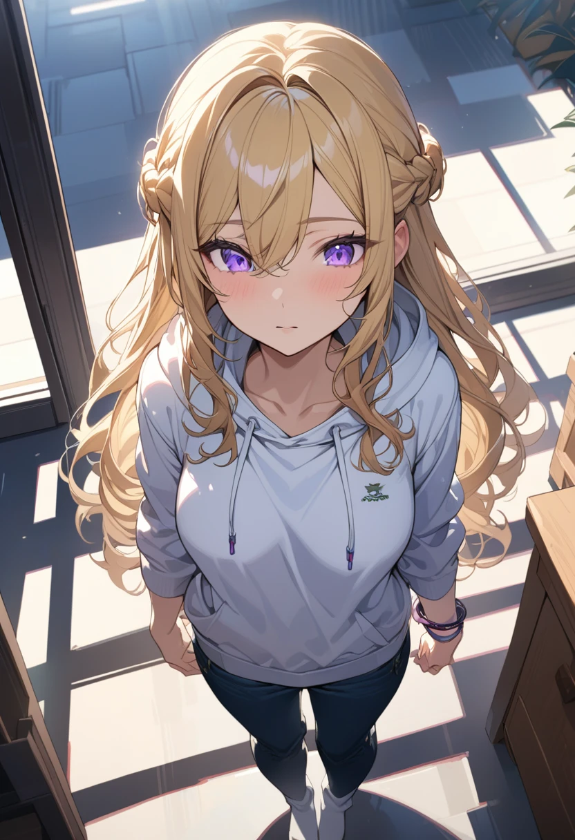 masterpiece, best quality, extremely detailed, ultra detailed, flat anime, 2D, 1girl, (young adult:1.2),blonde hair, (semi-long hair:1.2), curly hair, french braid, medium breasts, purple eyes, tsurime, height 1.7meters, white hooded sweatshirt, jeans,bracelet, long sleeves,socks, full body, portrait, Top Light, spotlight
, , very interesting, summer, livingroom, standing, from above,looking away