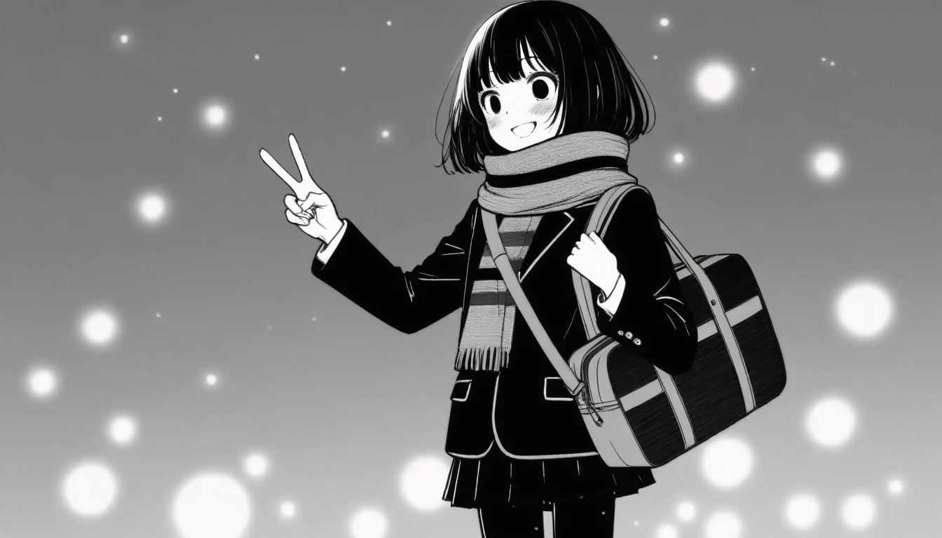 masterpiece, best quality, 1girl, mamerakkkkko, grayscale, manga style, japanese, chi no wadachi, black eyes, street, iced, black hair, schoolbag, smile, lineart, black coat, black scarf, black pleated skirt, leggins, centered, 18 years old, tall, fair skinned, bokeh background, streaming, bob cut, light particles, centered, snowing, (((v, perfect hand, detailed hand:1.1)), emotional anime scene, (very aesthetic, best quality, ultra detailed), intricate details