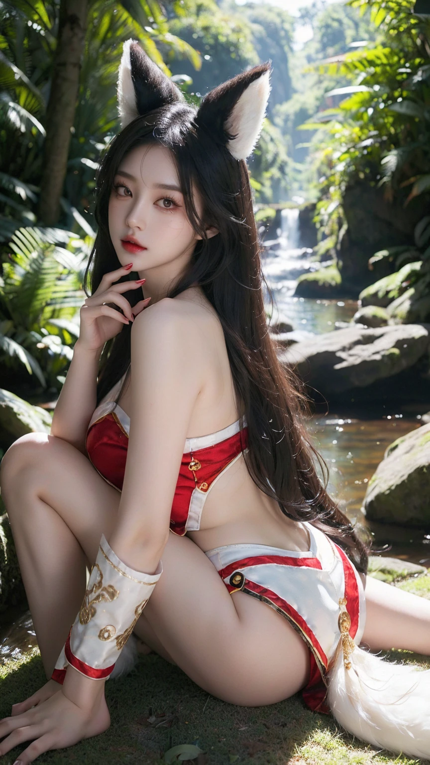 masterpiece, best quality, 8K  UHD, Very high ultra-high resolution, Without a pattern, extremely high details, ari_\(League of Legends\), cosplay,white tail, black long hair, yellow eyes, ((realistic photo _ raw photo, whole body)), RAW photos, red lips, mature woman, exquisite makeup, National Style, ((In reality:1.5))、White phalaenopsis around the hair，1 girl、brown hair、flowing hair、chubby big tits, slim body, chubby pretty ass, slim sexy legs, Charming bridges, strike an elegant pose, very beautiful face 、hairpin in hair、perfect hands、(face, rock)、sit down、forest background、realistic light, light tracking