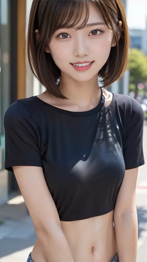 One girl, Summer clothes, Short sleeve black t-shirt, short hair, 20-year-old Japanese, beautiful, cute face, pretty face, neat, smiling, 8-head body, height 165cm, weight 48kg, bust 83cm, waist 60cm, hips 82cm, Small breathts, Living in Hiroshima City, A college student aspiring to become a model, (((portrait))), full face