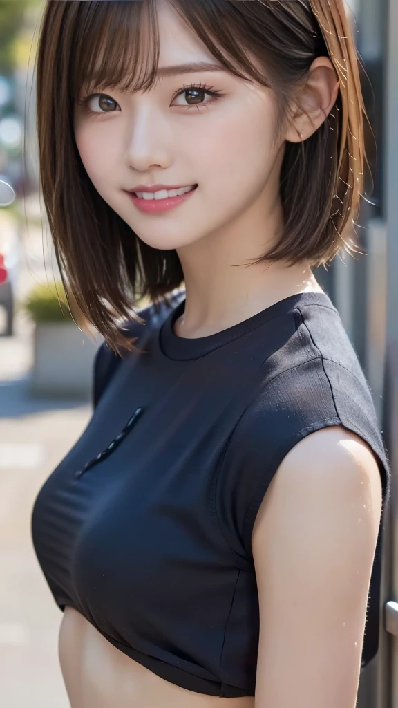 One girl, Summer clothes, Short sleeve black t-shirt, short hair, 20-year-old Japanese, beautiful, cute face, pretty face, neat, smiling, 8-head body, height 165cm, weight 48kg, bust 83cm, waist 60cm, hips 82cm, Small breathts, Living in Hiroshima City, A college student aspiring to become a model, (((portrait))), full face